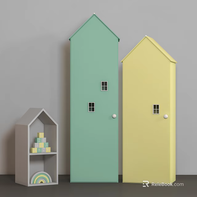 Light Green And Yellow House Shaped Wardrobes With Small Windows And Door Knobs 3d model