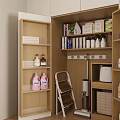 Wooden Kitchen Storage Cabinet With Open Shelves Holding Bottles And Appliances