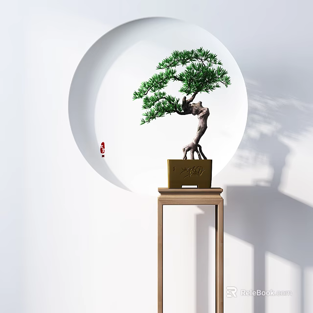 Chinese Style Pine Bonsai Plant On Wooden Stand With Circular Wall Decor 3d model 