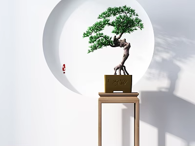 Chinese Style Pine Bonsai Plant On Wooden Stand With Circular Wall Decor 3d model