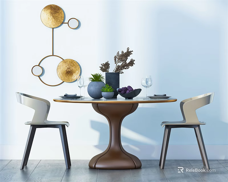 Modern Round Dining Table Set With Two Chairs Tableware Vase And Wall Lamp 3d model