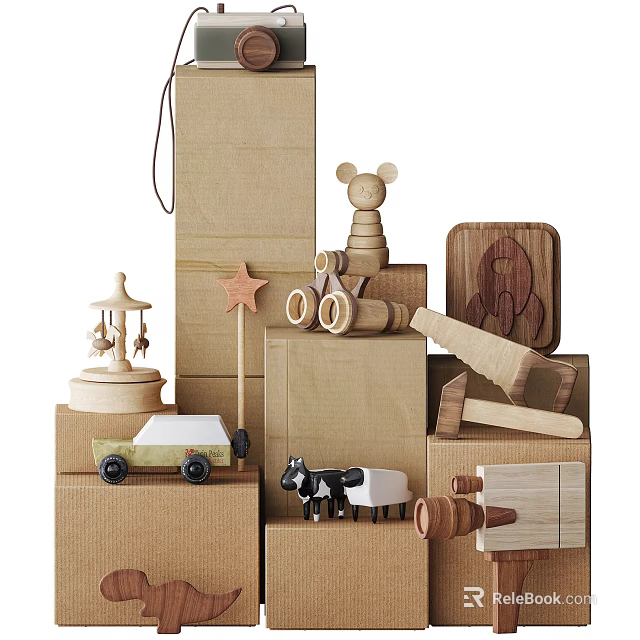 Wooden Dolls Collection With Cow Figure Wooden Horse Small Car And Blocks 3d model 
