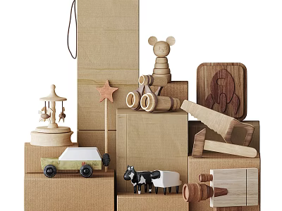 Wooden Dolls Collection With Cow Figure Wooden Horse Small Car And Blocks 3d model