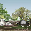 Modern Outdoor Playground With Golden Spherical Structure Slide Trees And Green Grass