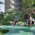 Fun Children's Play Area With Elephant Sculpture Green Plants And Kids Playing Near Tall Buildings