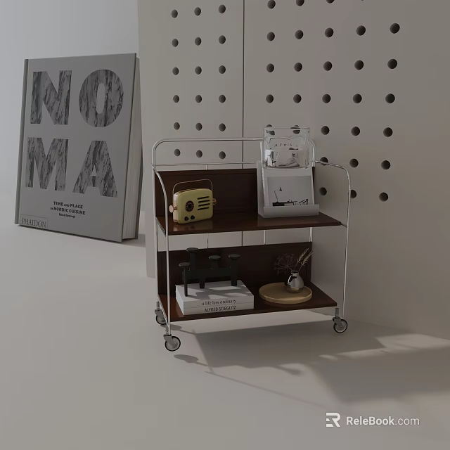Modern Rolling Side Table with Two-Tiered Shelves Holding Coffee Maker Radio and Decor 3d model 