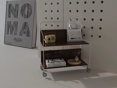 Modern Rolling Side Table with Two-Tiered Shelves Holding Coffee Maker Radio and Decor 3d model