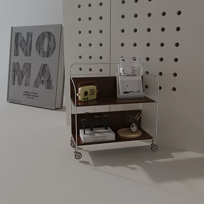 Modern Rolling Side Table with Two-Tiered Shelves Holding Coffee Maker Radio and Decor 3d model