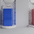 Modern Bathroom Vanity With Blue And Pink Cabinets Round Mirrors Marble Walls And Lighted Base