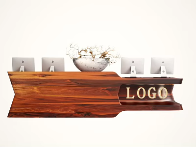 Wooden Reception Desk With Computers Flower Pot Dried Branches And Logo 3d model