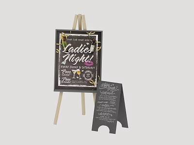 Chalkboard Easel With Ladies Night Event Sign And Small Menu Board 3d model
