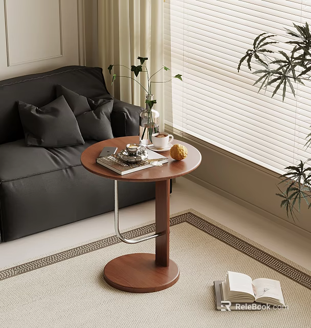 Modern Wooden Side Table Beside Black Sofa with Cup Magazine and Plant Near Window Blinds 3d model 