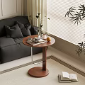 Modern Wooden Side Table Beside Black Sofa with Cup Magazine and Plant Near Window Blinds