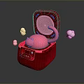 Red Box With Open Lid Containing Pink Cat And Floating White Clouds