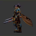 Man With Purple Hair In Blue And Gold Armor Holding Flaming Sword Heroic Stance