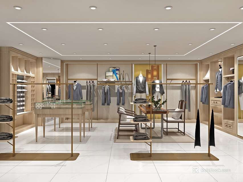 Modern Clothing Store Interior With Men's Apparel Display Shelves And Glass Counter 3d model 