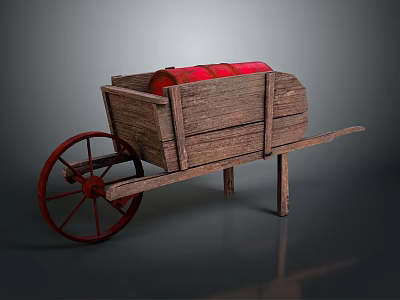 Vintage Wooden Cart With Red Wheels And Cargo Loaded Inside 3d model