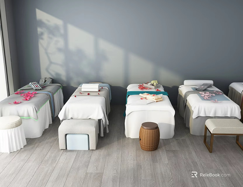 Relaxing Massage Beds in Spa Interior with Clean White Sheets Decorative Flowers and Stools 3d model 