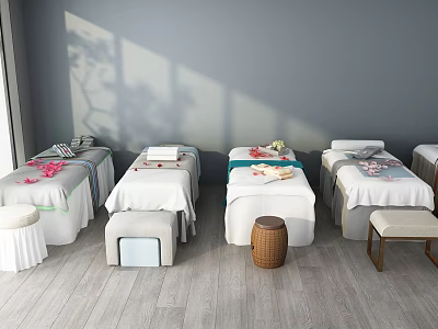 Relaxing Massage Beds in Spa Interior with Clean White Sheets Decorative Flowers and Stools 3d model