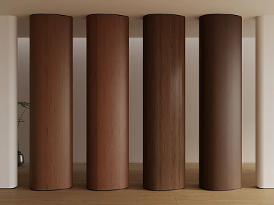 Interior Design Featuring Five Brown Cylindrical Wooden Columns White Pillars And Green Plant 3d model