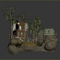 Miniature Scene With Model House Trees Rocks And Mixed Material Structure On Rock Base