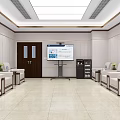 Elegant New Chinese Style Meeting Room With Comfortable Fabric Sofa Sets And Classical Calligraphy Decor
