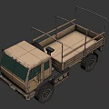 Khaki Military Truck With Open Cargo Bed And Rugged Six Wheel Design
