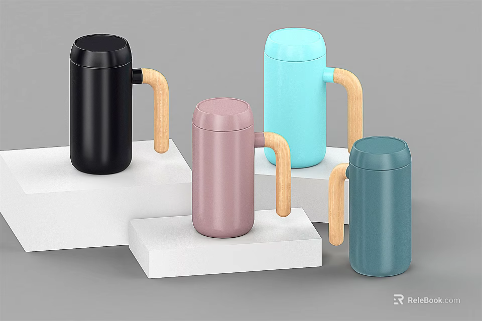 Colorful Mugs with Wooden Handles on White Display Stands against Gray Background 3d model 