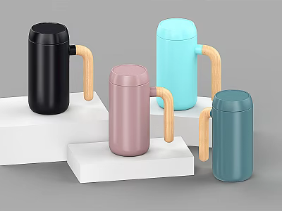 Colorful Mugs with Wooden Handles on White Display Stands against Gray Background 3d model