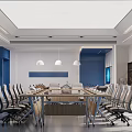 Modern Conference Room With Large Screen Long Table Chairs Green Plant And Blue Accent Wall