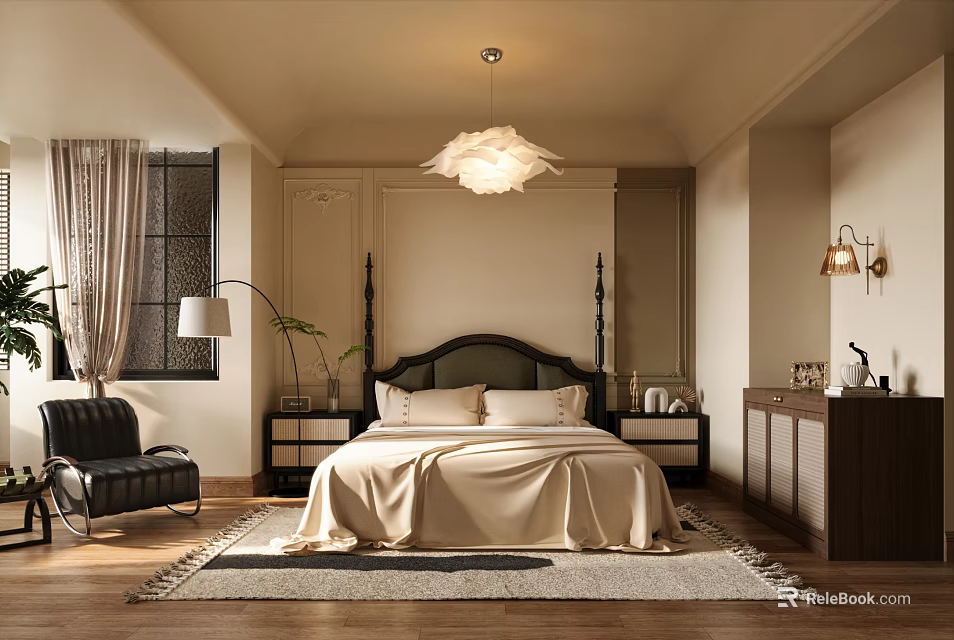 Elegant Bedroom Interior With Beige Quilt Black Headboard Chandelier Rug And Wooden Nightstands 3d model 