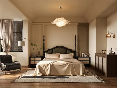 Elegant Bedroom Interior With Beige Quilt Black Headboard Chandelier Rug And Wooden Nightstands 3d model
