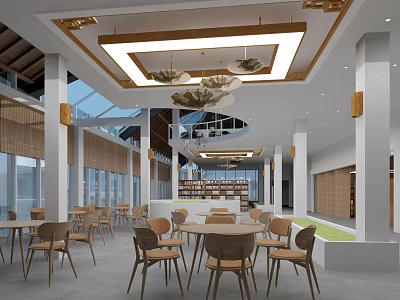 Modern Library Interior Design With Wooden Chairs Tables And Shelves 3d model