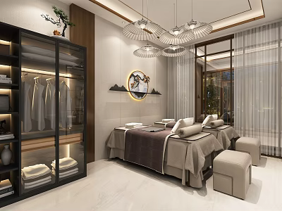 Luxury SPA Sauna Interior With Comfortable Massage Beds And Ambient Lighting 3d model