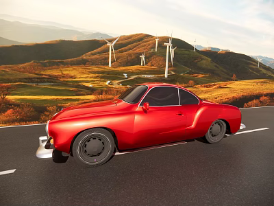 Red Vintage Car Driving On Road With Mountains Green Fields Wind Turbines And Sunset Sky 3d model