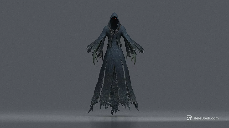 Hooded Game Movie Character In Tattered Robe With Glowing Eyes And Green Decay Details 3d model 