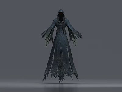 Hooded Game Movie Character In Tattered Robe With Glowing Eyes And Green Decay Details 3d model