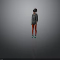 Woman With Black And Red Hair Wearing Gray Hoodie Red Leggings And Blue Sneakers
