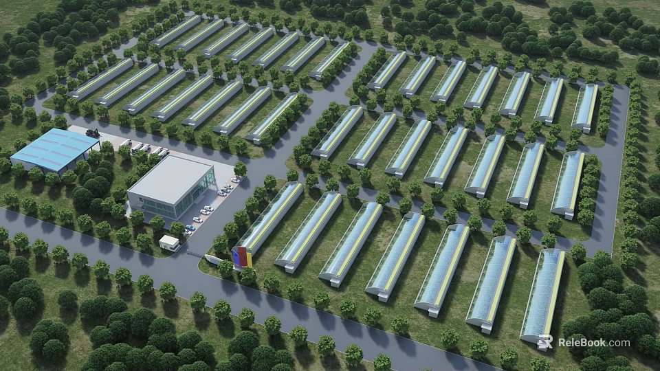 Neatly Arranged Industrial Warehouse Complex Surrounded by Greenery and Trees 3d model 