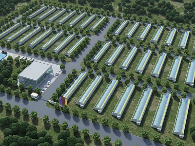 Neatly Arranged Industrial Warehouse Complex Surrounded by Greenery and Trees 3d model
