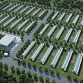 Neatly Arranged Industrial Warehouse Complex Surrounded by Greenery and Trees