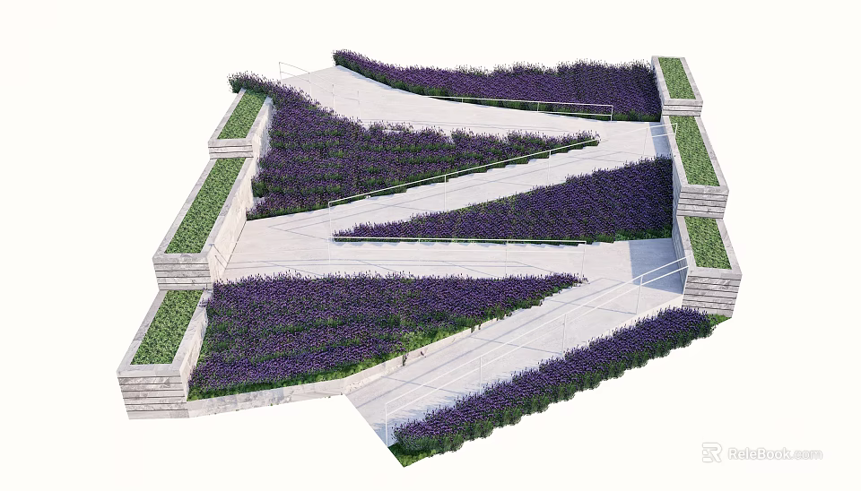 Geometric Roadway Facilities Design With Lavender Flower Beds Green Belts And Stone Pavements 3d model 