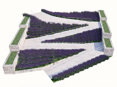 Geometric Roadway Facilities Design With Lavender Flower Beds Green Belts And Stone Pavements 3d model