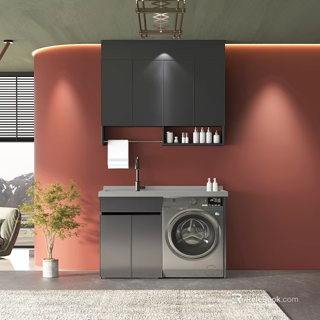 Modern Decorative Cabinet With Washing Machine And Upper Storage On Coral Wall 3d model 