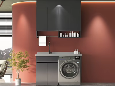 Modern Decorative Cabinet With Washing Machine And Upper Storage On Coral Wall 3d model