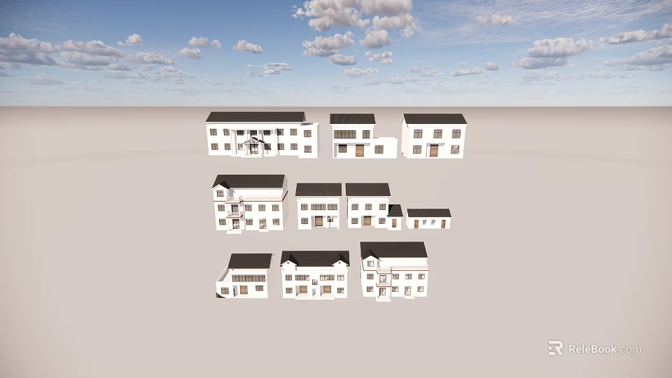 Various Styles White Houses With Black Roofs On Light Open Ground Under Blue Sky 3d model 