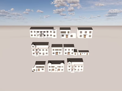 Various Styles White Houses With Black Roofs On Light Open Ground Under Blue Sky 3d model
