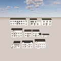 Various Styles White Houses With Black Roofs On Light Open Ground Under Blue Sky
