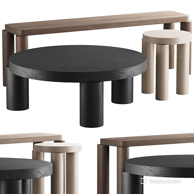 Modern Minimalist Coffee Table With Black Wooden Top And Cylindrical Legs 3d model 