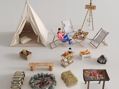 Outdoor Camping Table Setup with Folding Chairs Grill Tent and Firewood 3d model